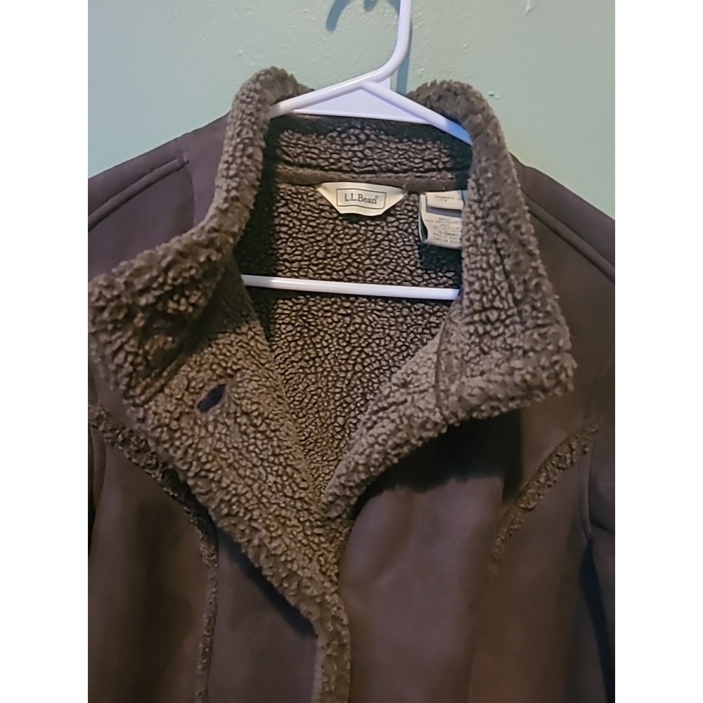 LL Bean Long‎ Brown Coat Faux Suede Sherpa Shearling Lined Polyester WM's 1X - Picture 6 of 9